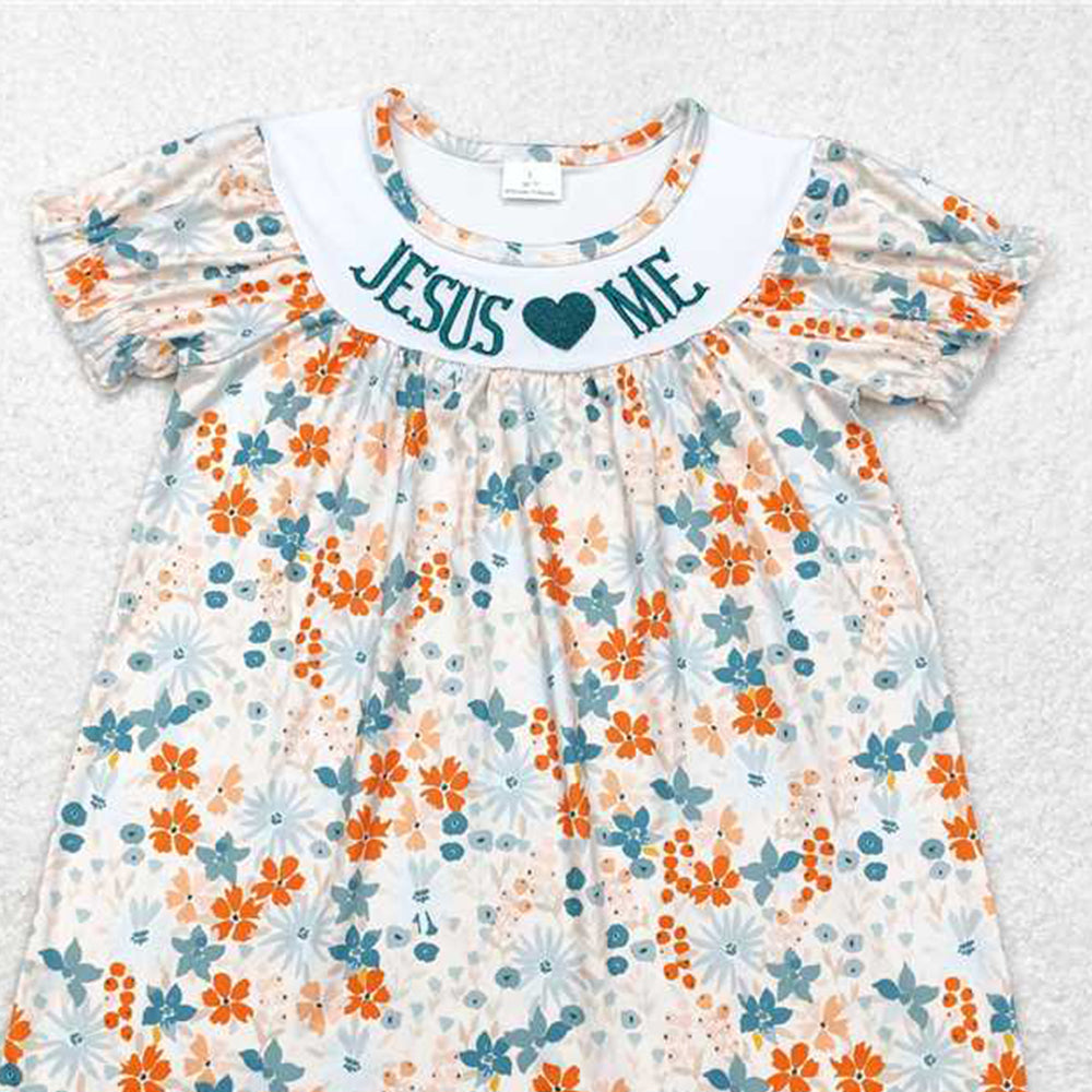 4.08 GSD1387 RTS NO MOQ Baby Girls Summer Dress Jesus Love Me Floral Short Sleeve Dress