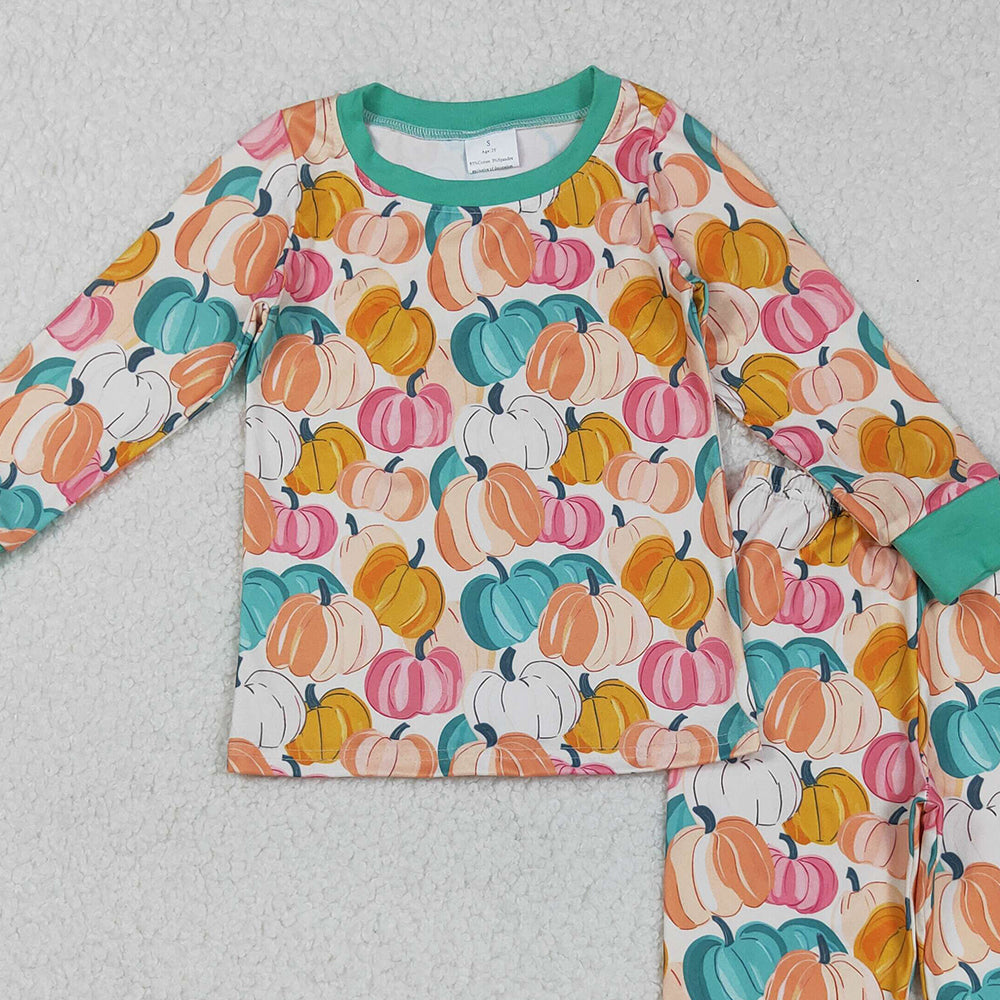 RTS NO MOQ (In stock)GLP2691 Baby Girls Winter Outfits Colorful Pumpkins Long Sleeve Top And Pants Pajamas Set