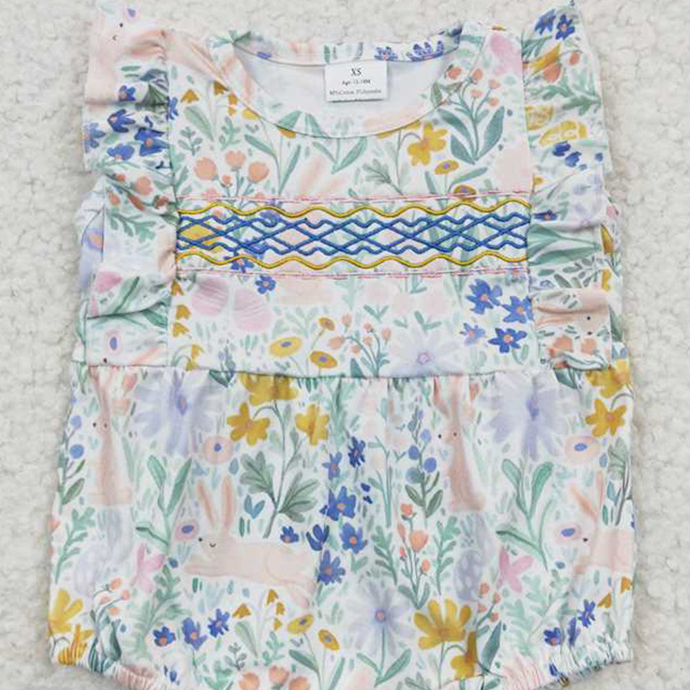 5.19 SR0262 RTS NO MOQ Rabbit floral embroidery baby girls easter romper