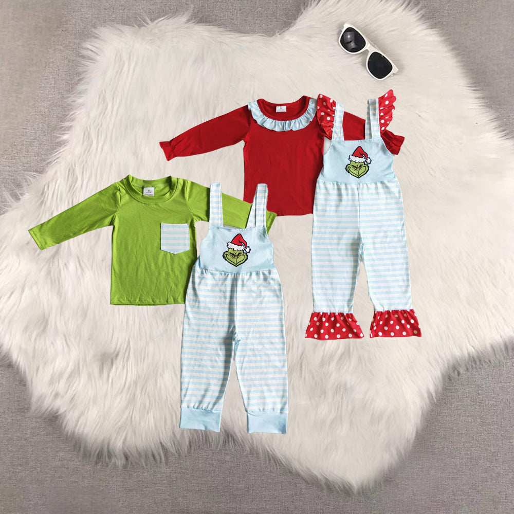 RTS Sibling Baby boys and girls cotton top green face stripe overalls kids Christmas set