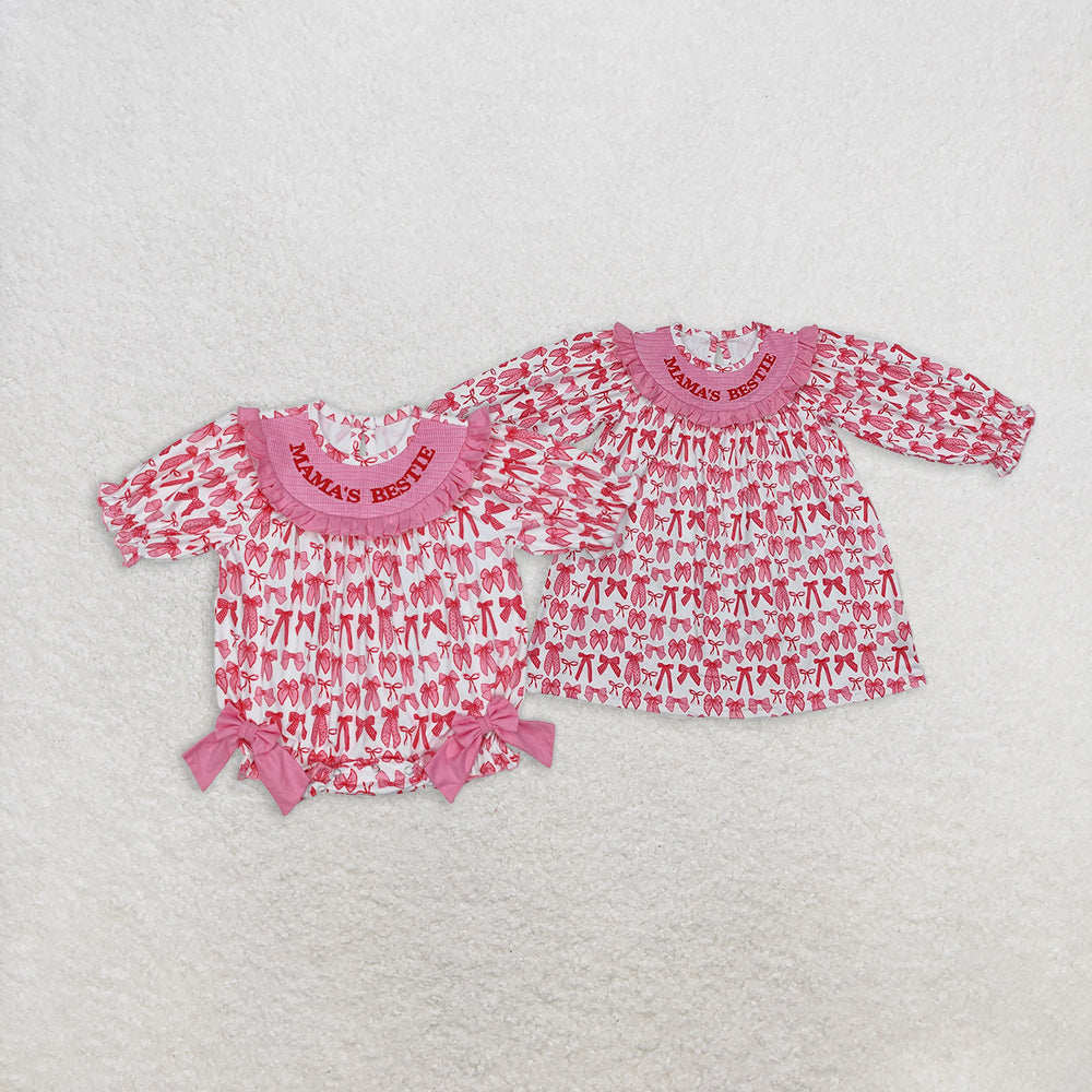 7.16 RTS NO MOQ Long sleeves pink bow mama's bestie kids girls dresses rompers
