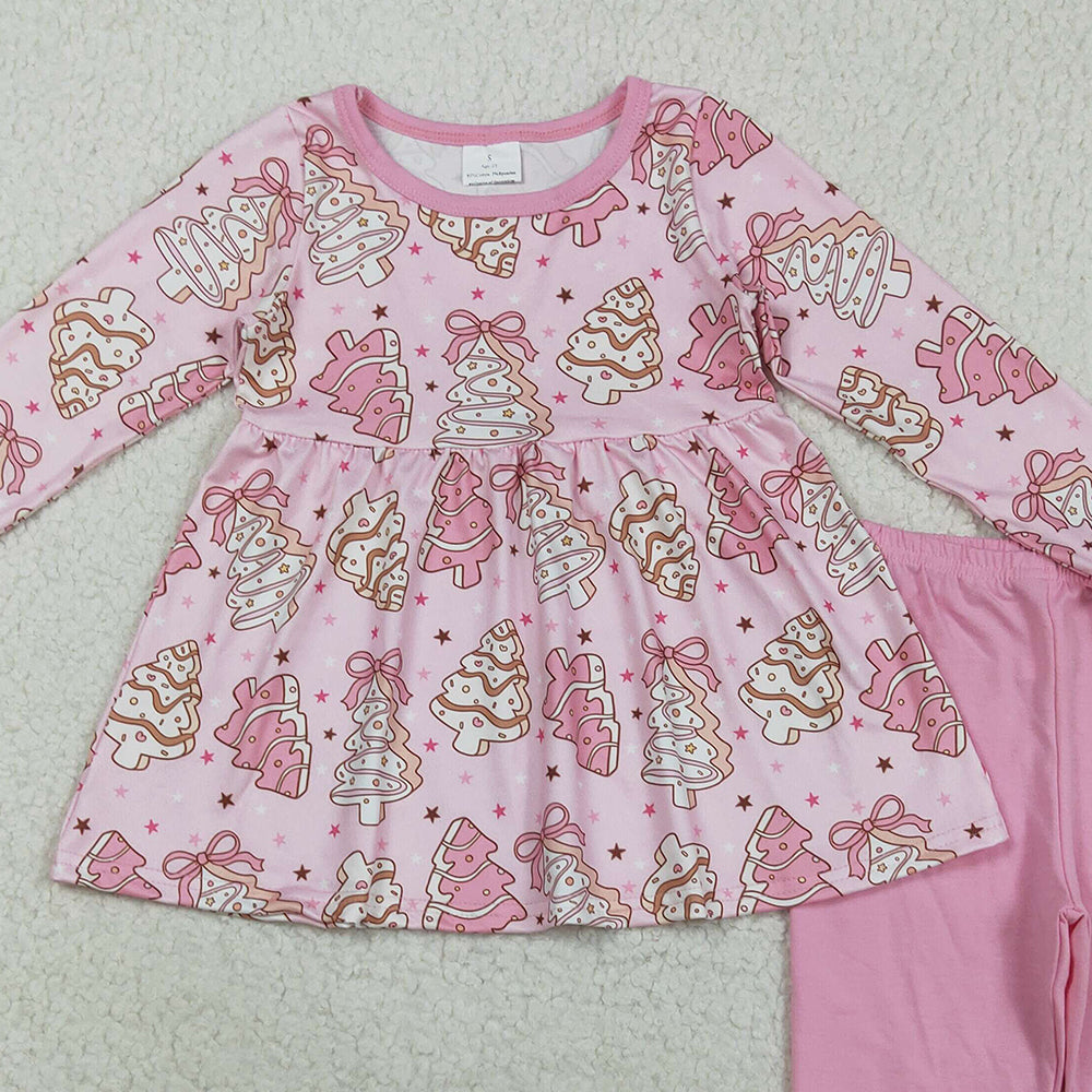8.21 RTS NO MOQ (In stock)GLP2471 Baby Girls Winter Outfits Baby Girls Pink Christmas Trees Bows Tunic Legging Pant Clothes Set