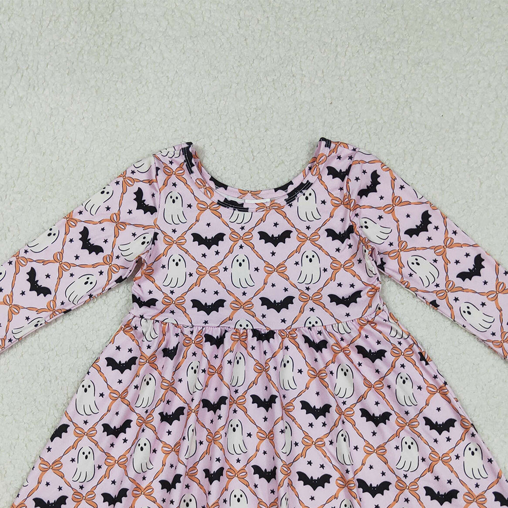 RTS NO MOQ (In stock)GLD1232 Baby Girls Winter Dress Long Sleeve Ghost Bow Halloween Costume Dress