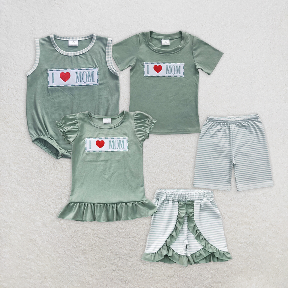 7.22 RTS NO MOQ Baby Girls Boys Summer Outfits I love MOM shirt stripe shorts mother's day girls outfits