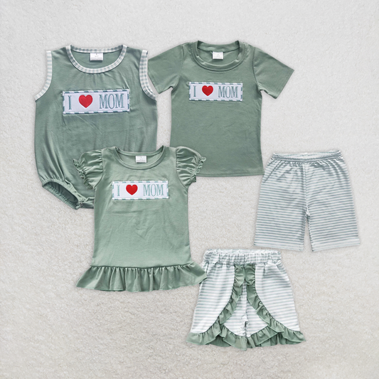 7.22   RTS NO MOQ Baby Girls  Boys Summer Outfits I love MOM shirt stripe shorts mother's day girls outfits
