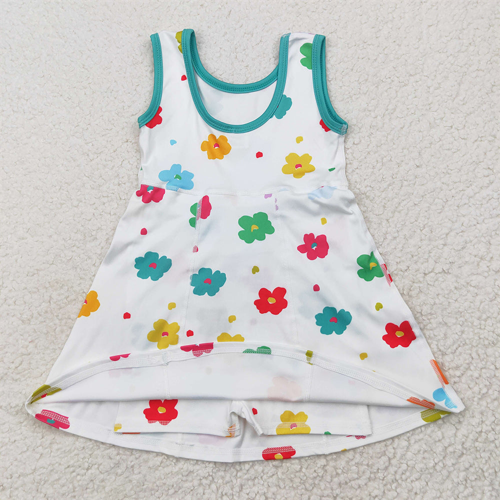 5.19 GSD2346 RTS NO MOQ Baby Girls Summer Yoga Dress Sleeveless white colorful floral kids girls athletic dresses