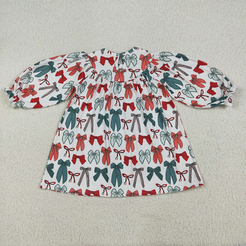 4.28 RTS NO MOQ (In stock) GLD1028 Baby Girls Winter Dress Red green bow long sleeves girls Christmas dress
