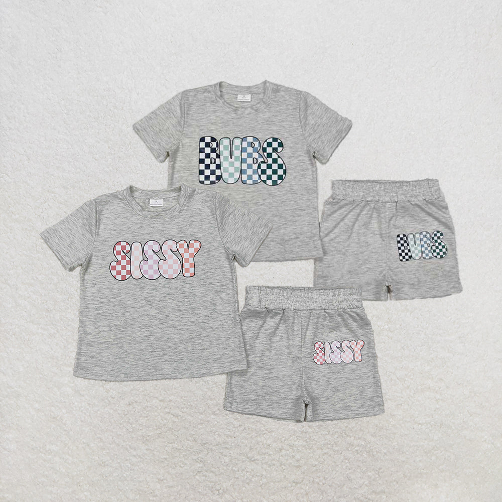 New Rts No Moq 8-9 Days By Air Arrived it Kids Grey Plaid Sissy Top Shorts Set Short Sleeves Girls Clothing Outfit