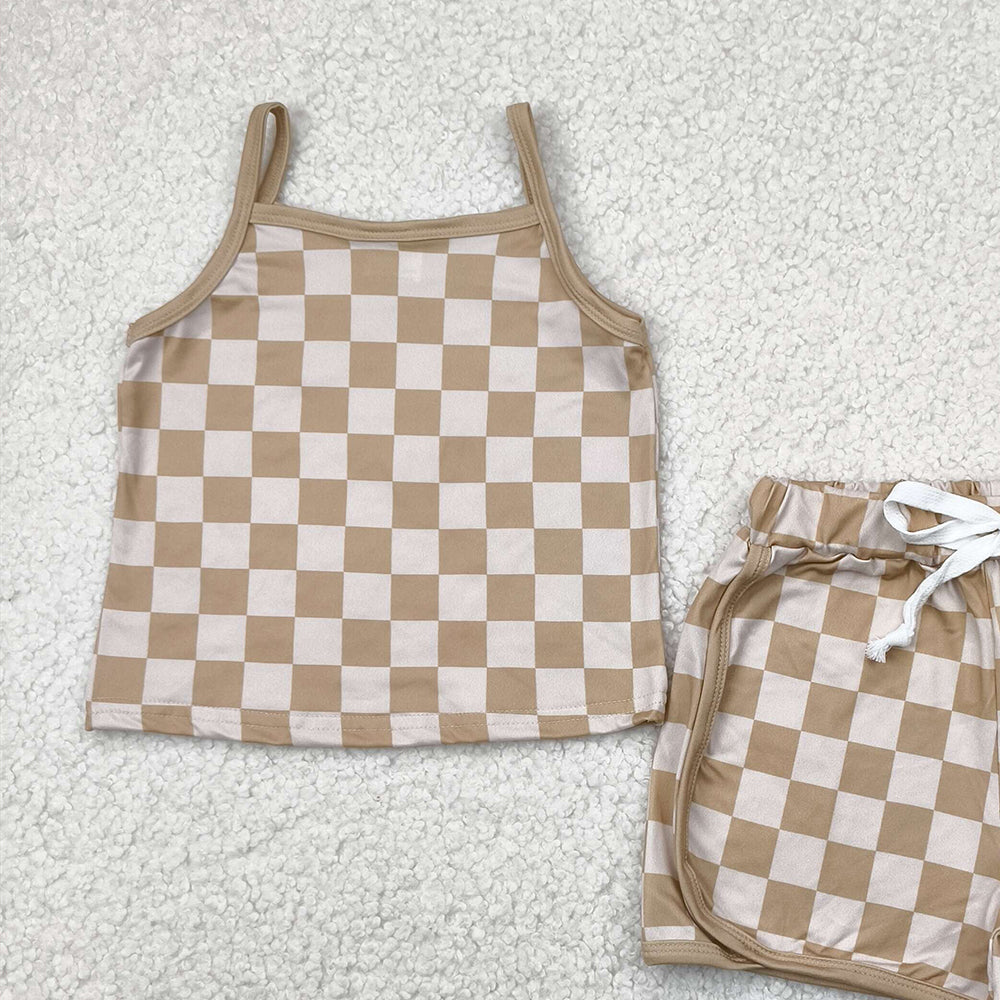 6.20 GSSO2335RTS NO MOQ Baby Girls Summer Outfits baby girls clothes plaid sleeveless shorts set