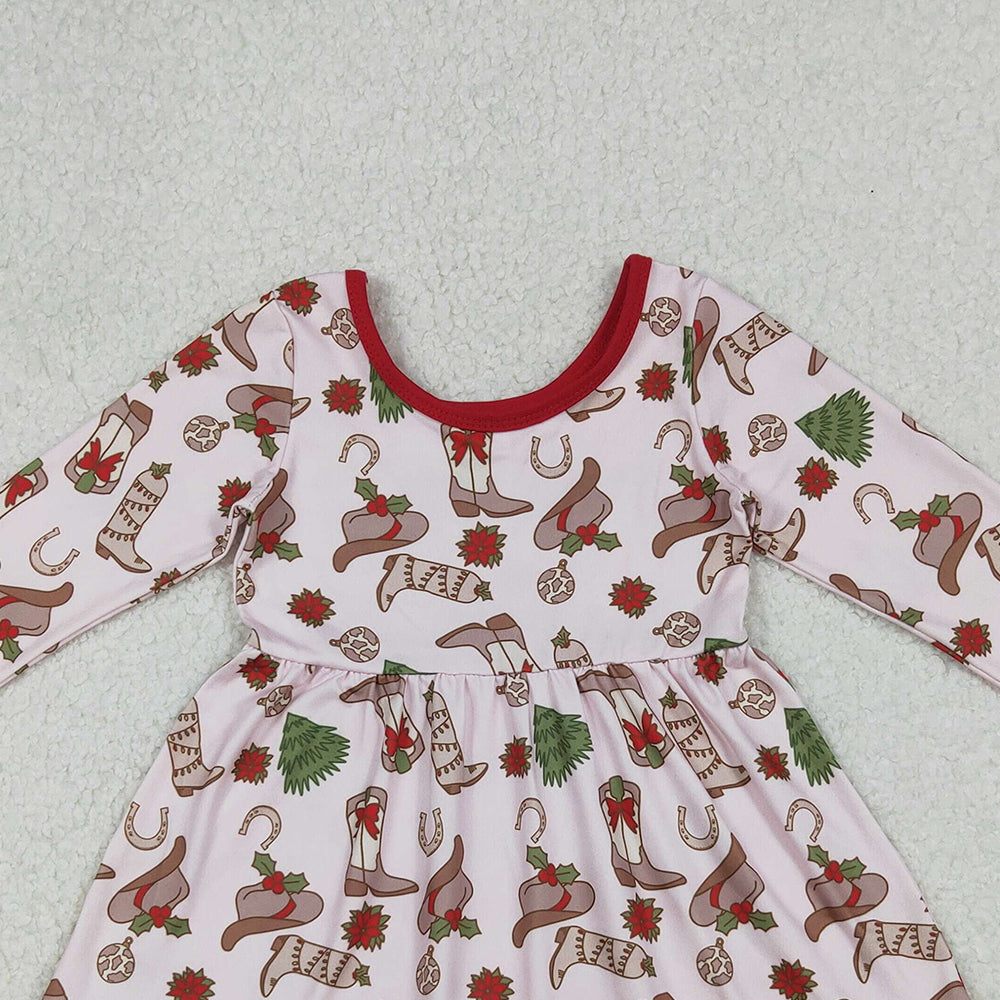 RTS NO MOQ (In stock)GLD1274 Baby Girls Winter Dress Boots Holly Christmas Ruffle Knee Length Dresses