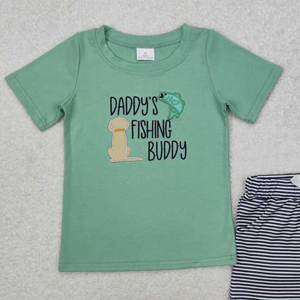 4.12 BSSO1147 RTS NO MOQ Baby Boys Embroidery Daddy's Fishing Stripe Shorts Set