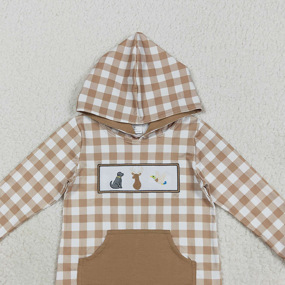 RTS NO MOQ (In stock)BT1285 Baby Boys Long Sleeve Tops Embroidery Dogs Deer Ducks Baby Boys Khaki Plaid Pocket Western Hoodies Top