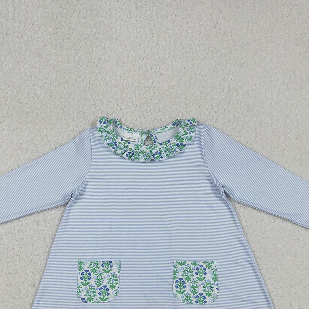 RTS NO MOQ (In stock)GLD0927 Baby Girls Winter Dress Stripes Green Flowers Pockets Knee Length Dresses