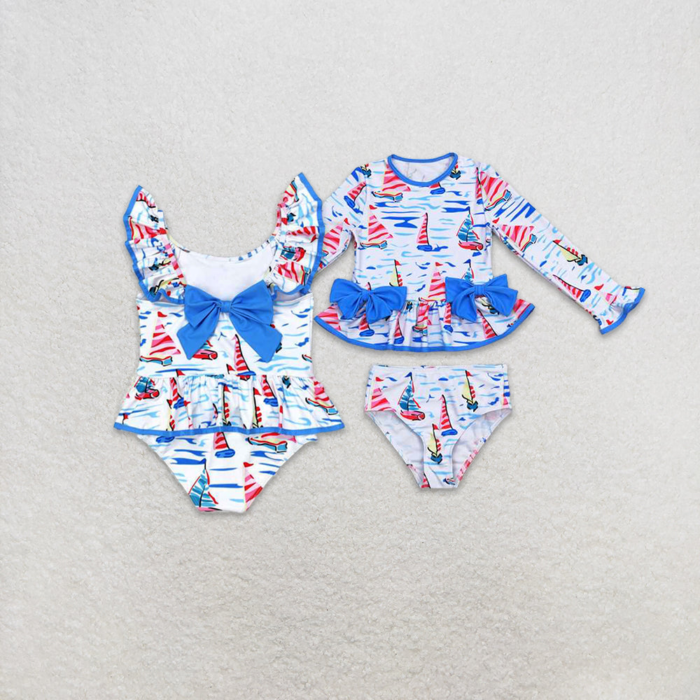 6.07 Baby Girls Blue Sailboat Flutter Sleeve One-Piece Swimsuit Infant Swimwear Comfortable Soft Fabric Baby Pool Outfit