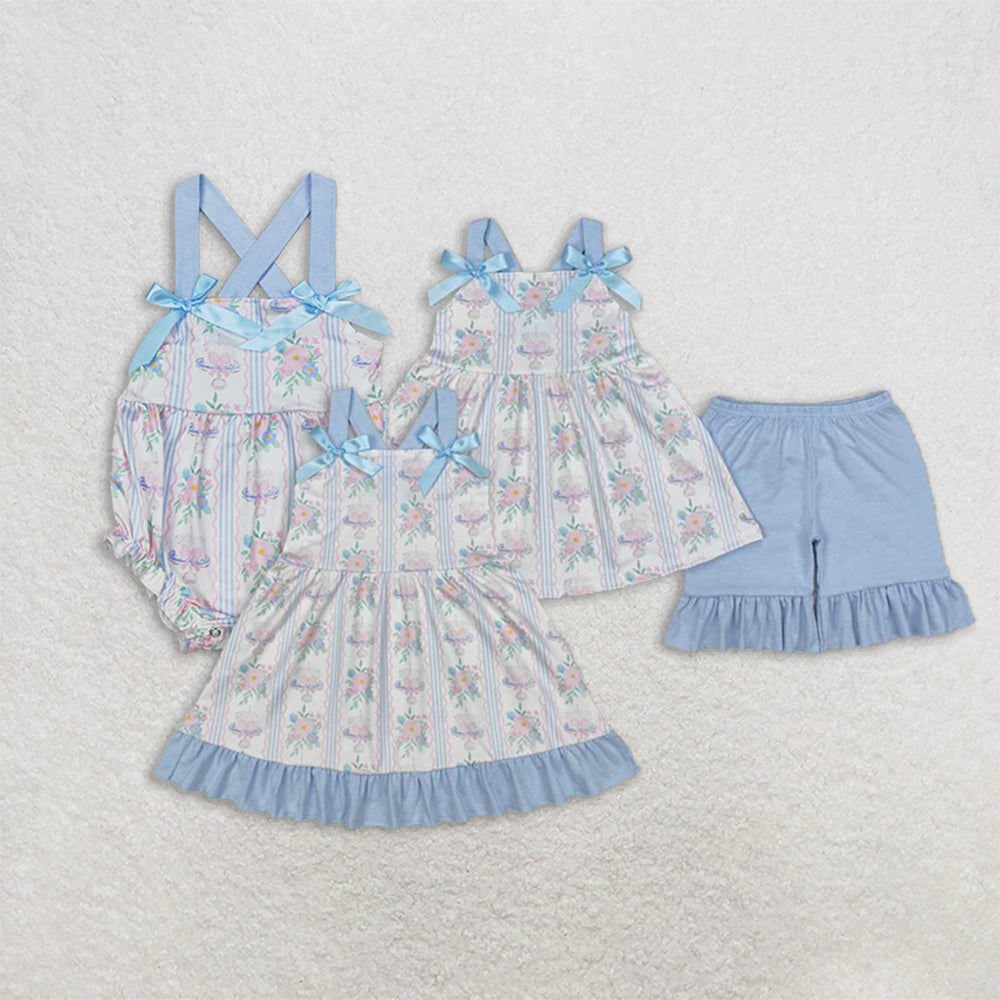 6.04 Light Blue Straps Floral Cake Bow Girls Birthday Clothes Cute Feminine Design for Children's Party Outfit