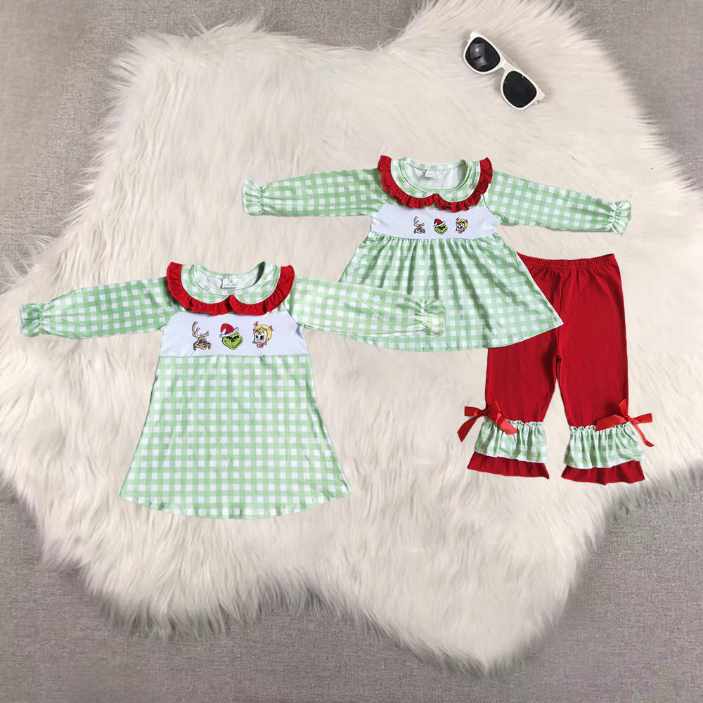 8.21 RTS Sibling Baby Green face embroidery plaid tunic ruffle pans girls Christmas clothing