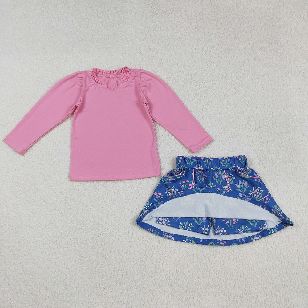 RTS NO MOQ (In stock)GLD1256 Baby Girls Skirt Sets Pink Long Sleeve Floral Top with Pockets for Girls Children's ClothingSet Skirt