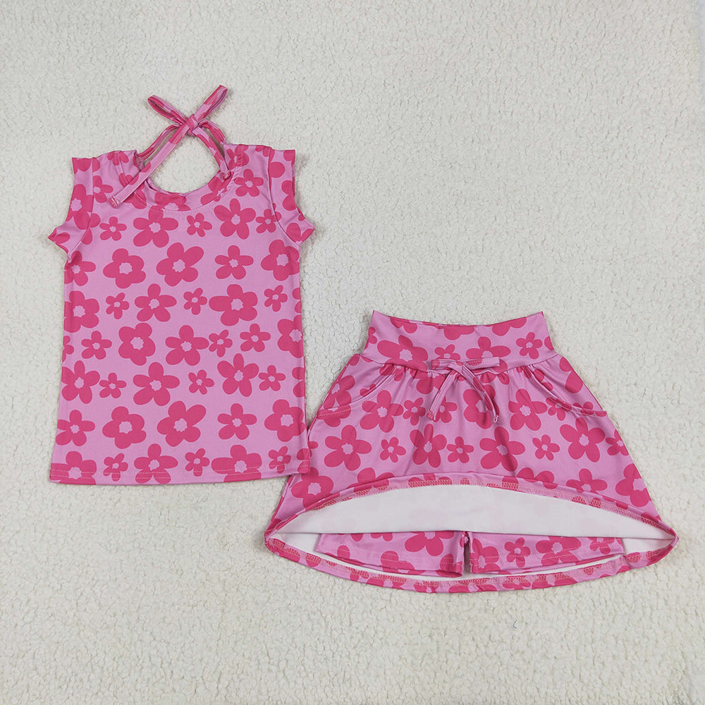 8.13 GSD2583 RTS NO MOQ Baby Girls Summer Outfits Baby Girls Sleeveless Hot Pink Flowers Top Pockets Short Skirts Set