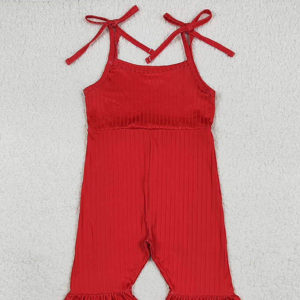 RTS NO MOQ (In stock)SR3163 Baby Girls Summer Jumpsuits Baby Girls Red Strap Bell Bottom Ribbed Jumpsuits