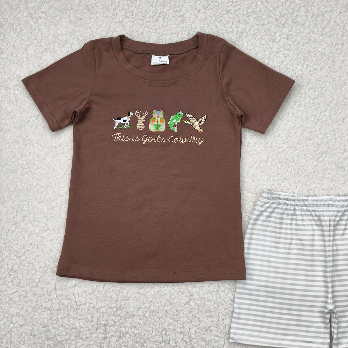 BSSO1410RTS NO MOQ Baby Boys Summer Boys Outfits Embroidery Baby Boys Brown Short Sleeves Gods Country Shirt Stripe Shorts Sets