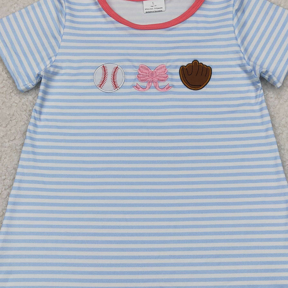 5.20 GSD2220 RTS NO MOQ Baby Girls Summer Dress Embroidery Baby Girls Light Blue Stripe Short Sleeves Bows Baseball Knee Length Dresses
