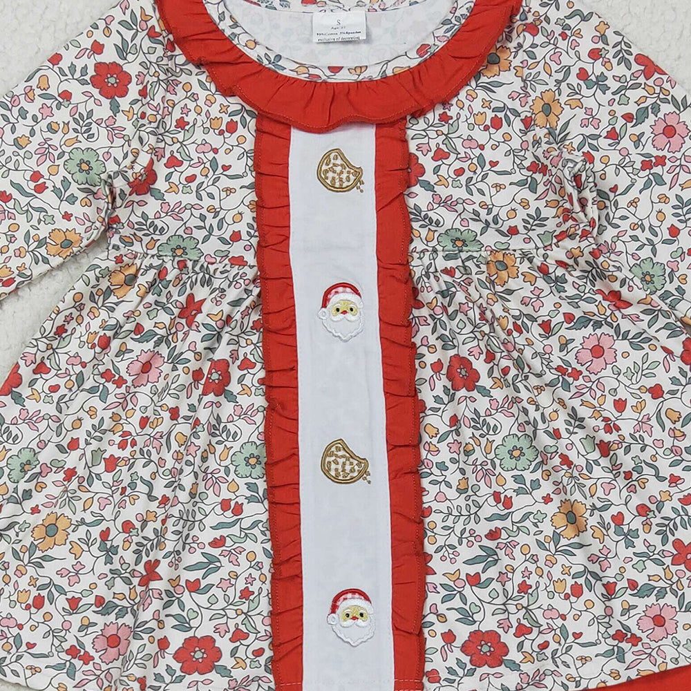 8.23 RTS NO MOQ (In stock)GLP2365 Baby Girls Winter Outfits Embroidery Santa Cookie Baby Girls Red Floral Tunic Ruffle Pants ChristmasSet