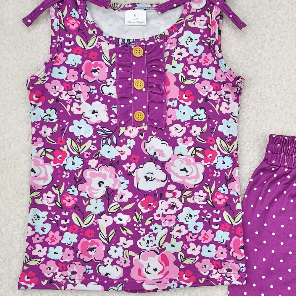 4.11 GSSO2358 RTS NO MOQ Baby Girls Summer Outfits Sleeveless purple floral top polka dots shorts girls clothes