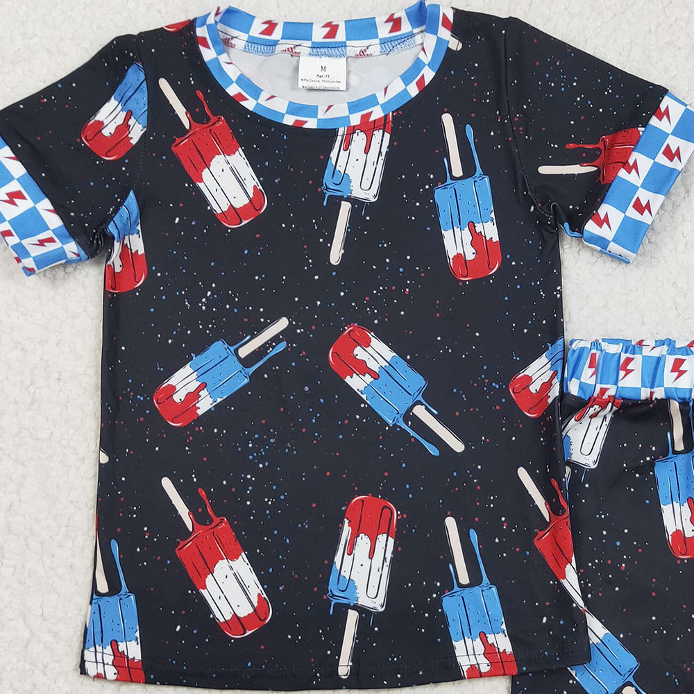 BSSO1401 RTS NO MOQ Baby Boys Summer Boys Outfits Baby Boys Black Short Sleeves Popsicle Shirt Shorts 4th Of July Pajamas Sets