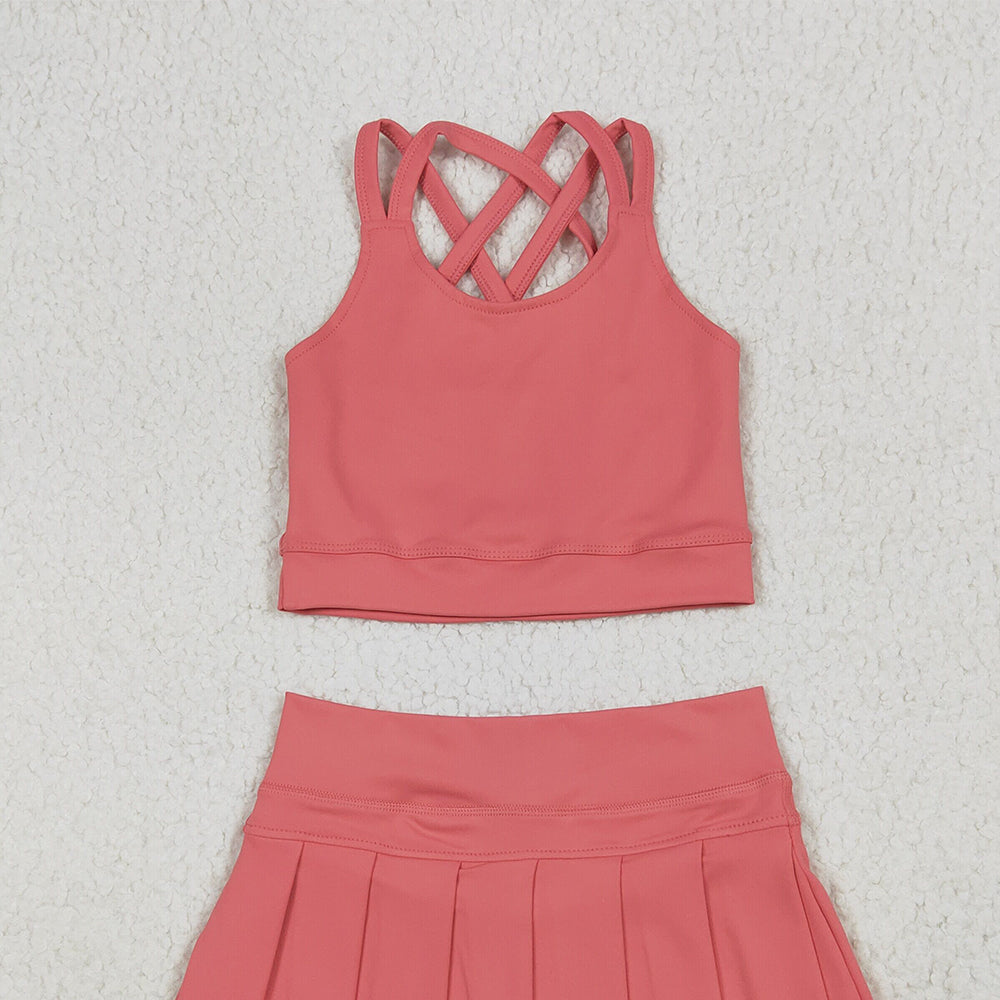 GT1004+GLK0080RTS NO MOQ Peach straps kids girls summer activewear crop top Orange high waist activewear skorts sets