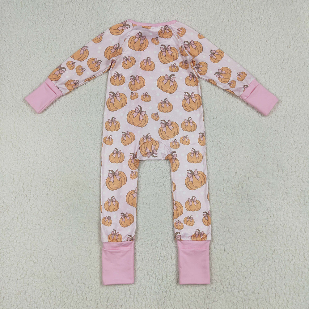 USA Shop (in stock)LR2271 Baby Girls Winter Rompers Baby Girls Long Sleeves Pink Bows Pumpkins Footie Zipper Rompers