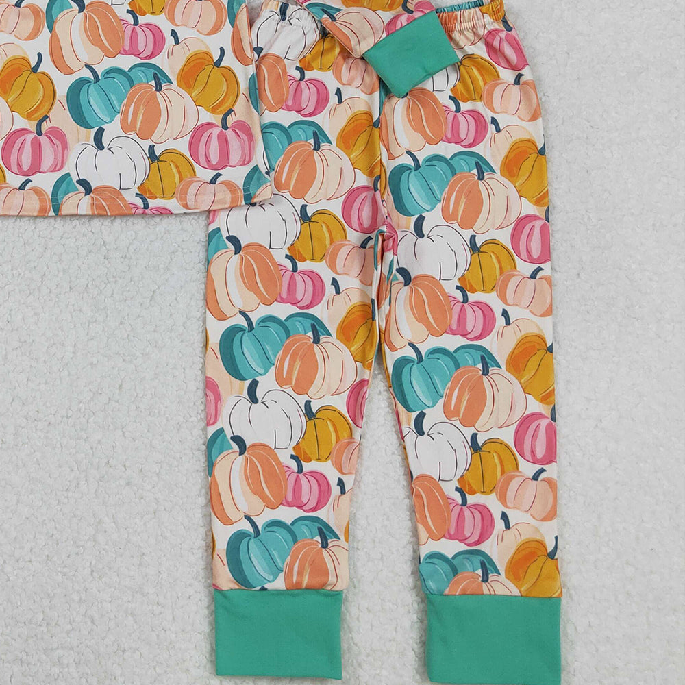 RTS NO MOQ (In stock)GLP2691 Baby Girls Winter Outfits Colorful Pumpkins Long Sleeve Top And Pants Pajamas Set