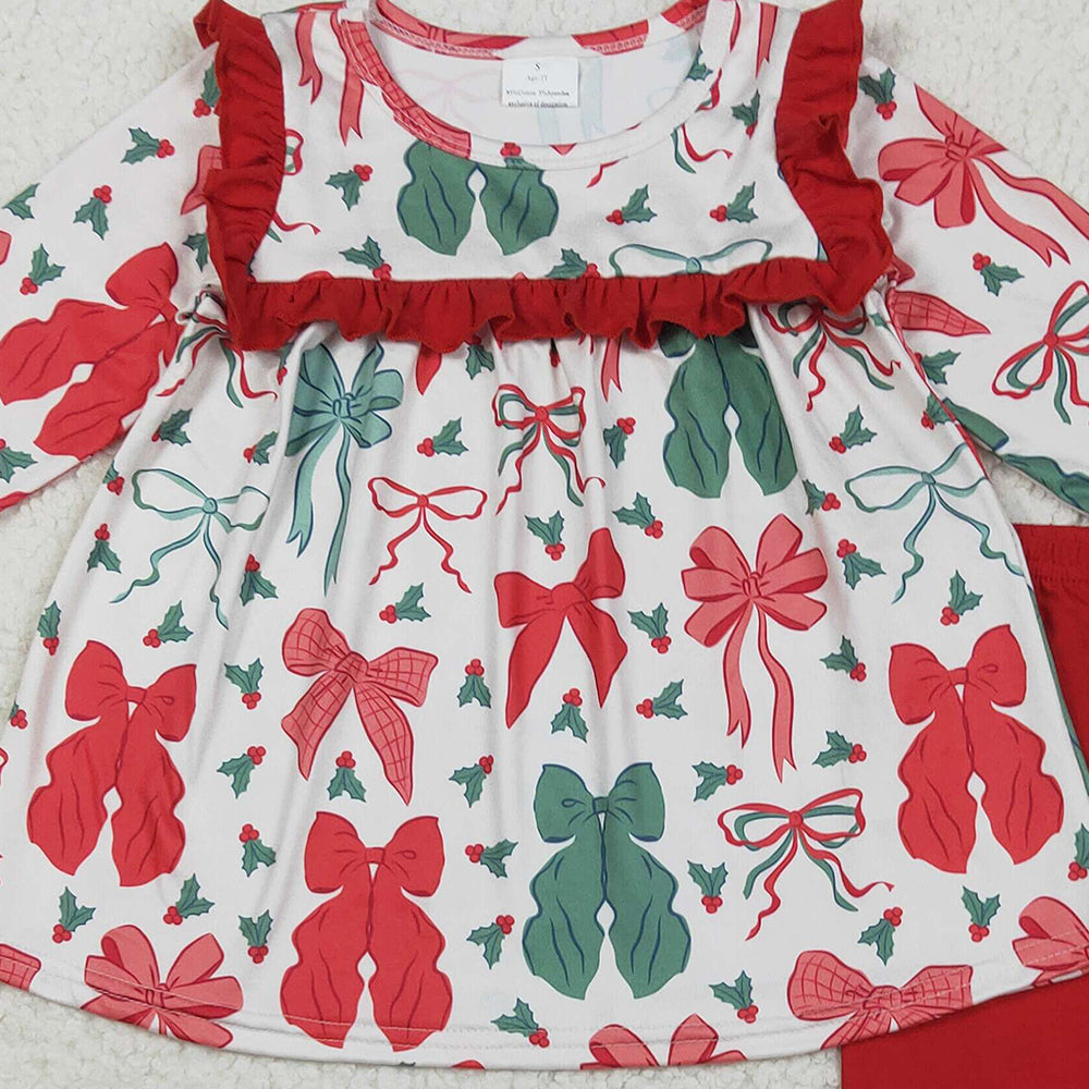 RTS NO MOQ (In stock)GLP2346 Baby Girls Winter Outfits Baby Girls Christmas Red Green Bows Tunic Ruffle Pants Sets