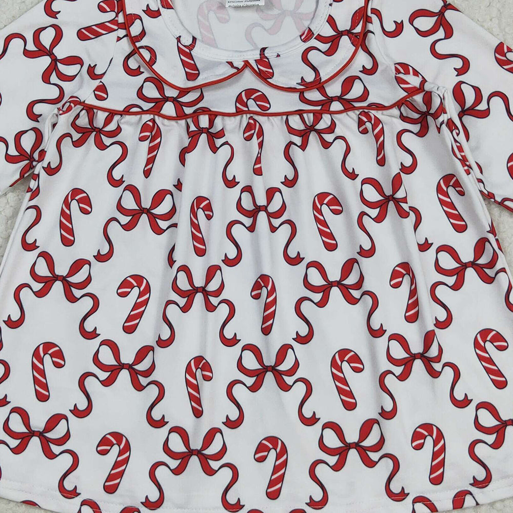 RTS NO MOQ (In stock)GLD1130 Baby Girls Winter Dress Baby Girls Christmas Red Bows Candy Cane Knee Length Dresses