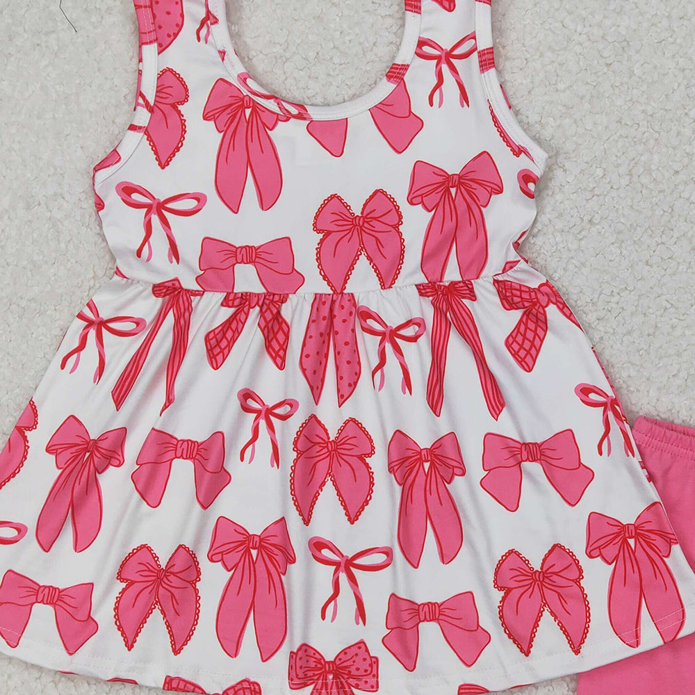 4.28 GSSO2450 RTS NO MOQ Baby Girls Summer Outfits Sleeveless pink bow tunic shorts girls summer clothes