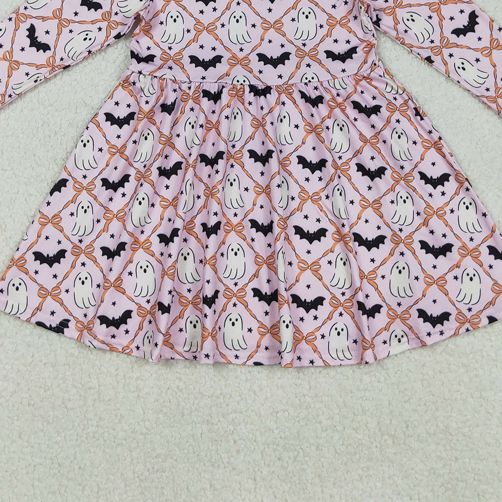 RTS NO MOQ (In stock)GLD1232 Baby Girls Winter Dress Long Sleeve Ghost Bow Halloween Costume Dress