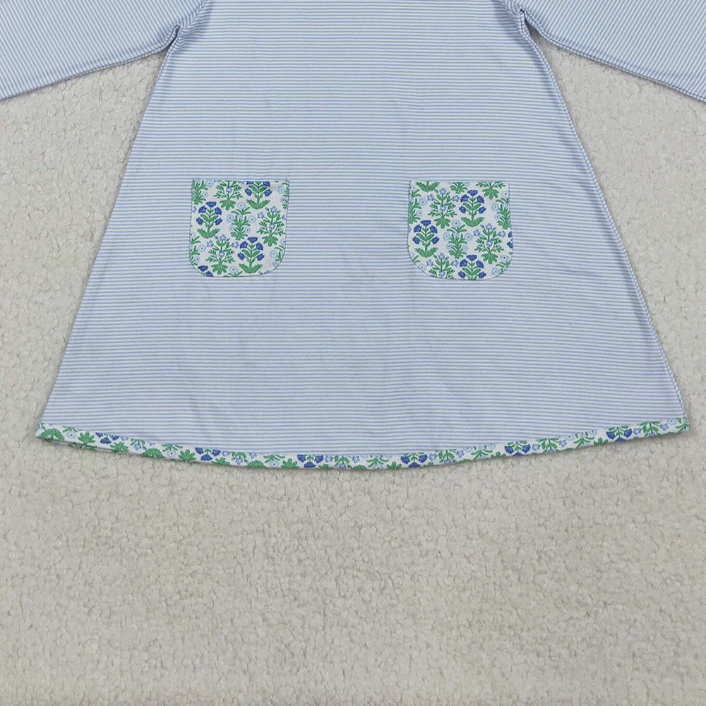 RTS NO MOQ (In stock)GLD0927 Baby Girls Winter Dress Stripes Green Flowers Pockets Knee Length Dresses
