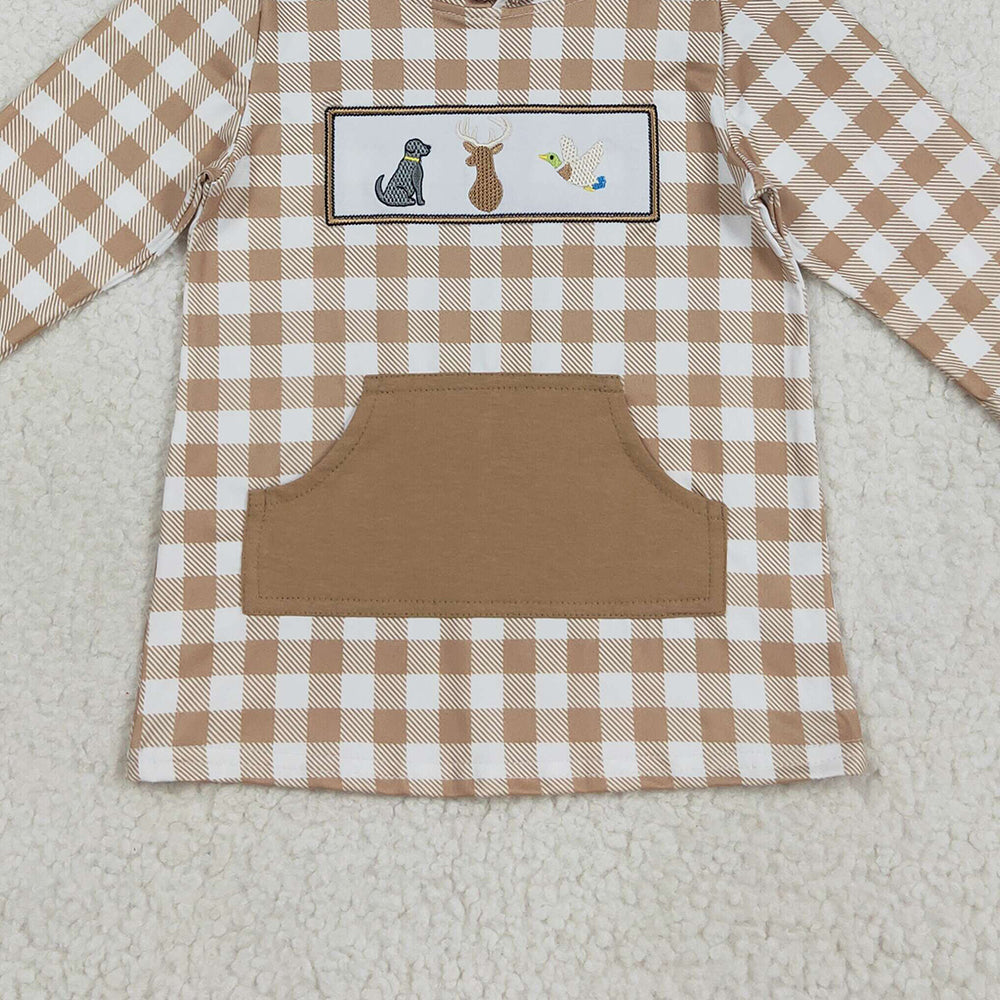 RTS NO MOQ (In stock)BT1285 Baby Boys Long Sleeve Tops Embroidery Dogs Deer Ducks Baby Boys Khaki Plaid Pocket Western Hoodies Top
