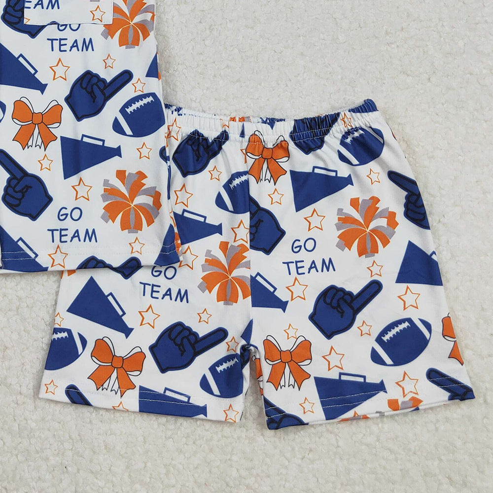 RTS NO MOQ (In stock)GSSO2675 Baby Girls Summer Pajamas Outfits Navy Cheer Team Football Button Top Short Pajamas Set Casual Comfortable Sleepwear