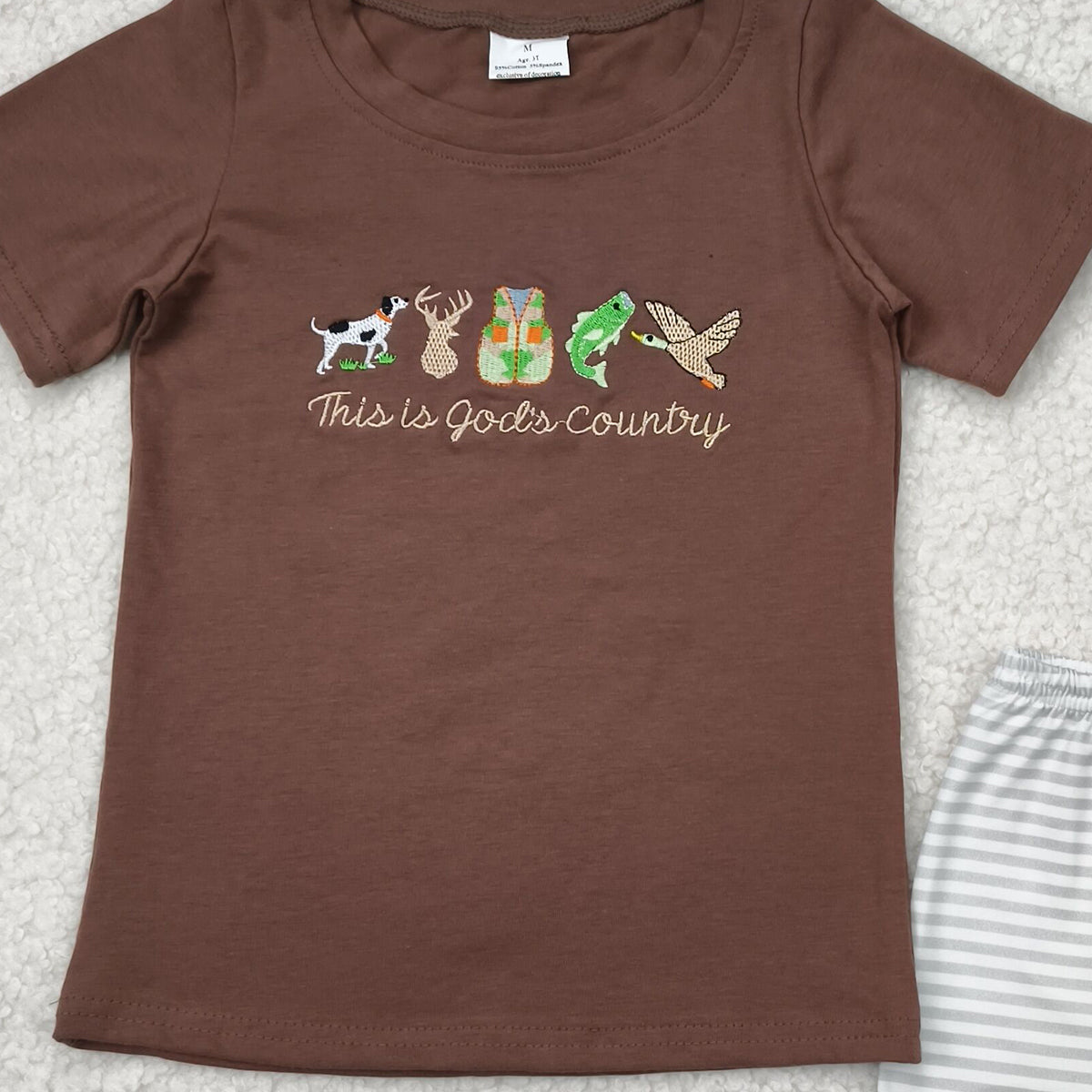 BSSO1410RTS NO MOQ Baby Boys Summer Boys Outfits Embroidery Baby Boys Brown Short Sleeves Gods Country Shirt Stripe Shorts Sets