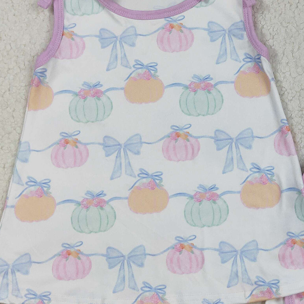 RTS NO MOQ (In stock)GSSO2668 Baby Girls Summer Outfits Baby Girls Bows Sleeveless Pumpkins Stripe Tunic Pockets Short Sets