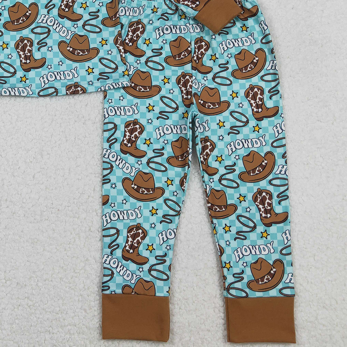 10.27 RTS NO MOQ (In stock)BLP1207 Baby Boys Winter Outfits Baby Boys Checked Howdy Hats Top Pants Western Pajamas Set