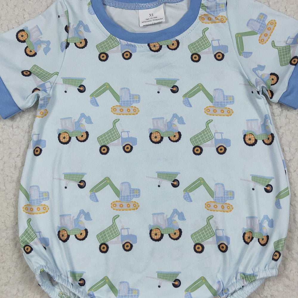 SR3142 RTS NO MOQ Baby Boys Summer Rompers Baby Boys Short Sleeves Blue Excavators Plaid Rompers