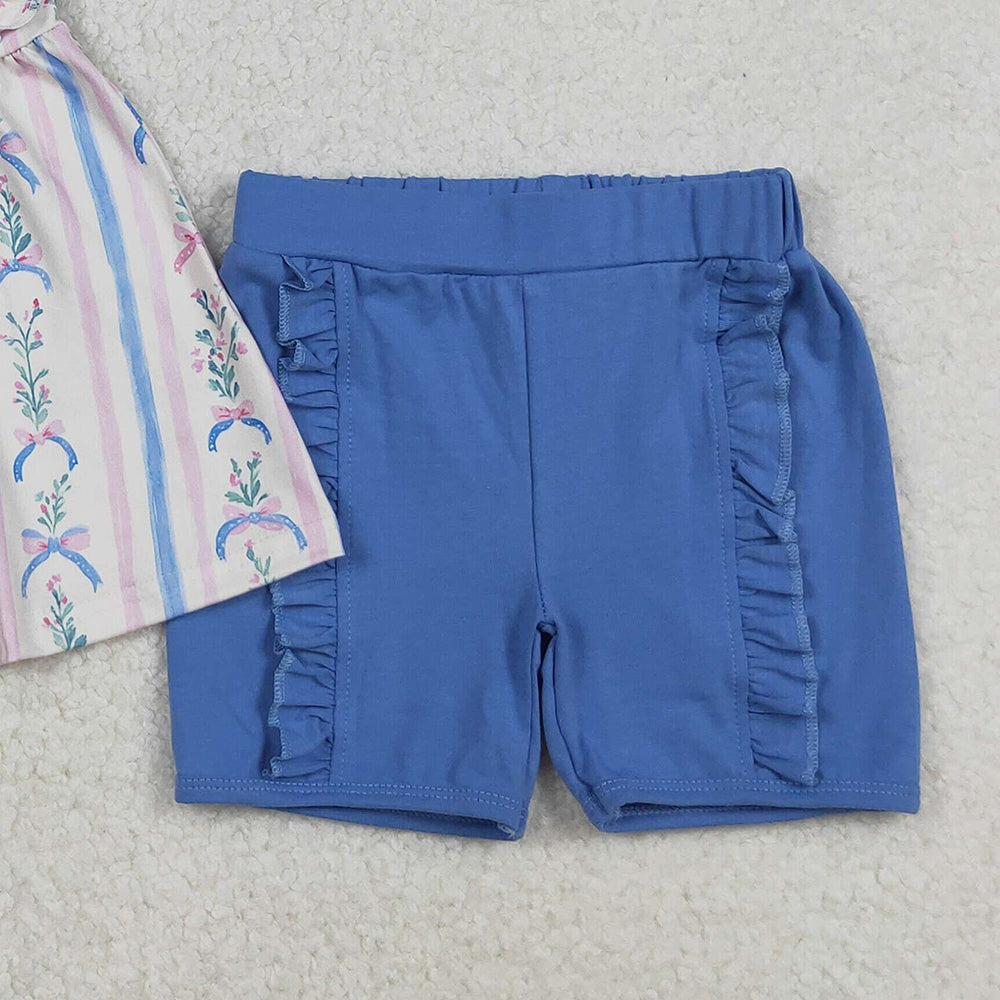RTS NO MOQ (In stock)GSSO2533 Baby Girls Summer Outfits Sleeveless Floral Stripe Tunic Ruffle Shorts Sets