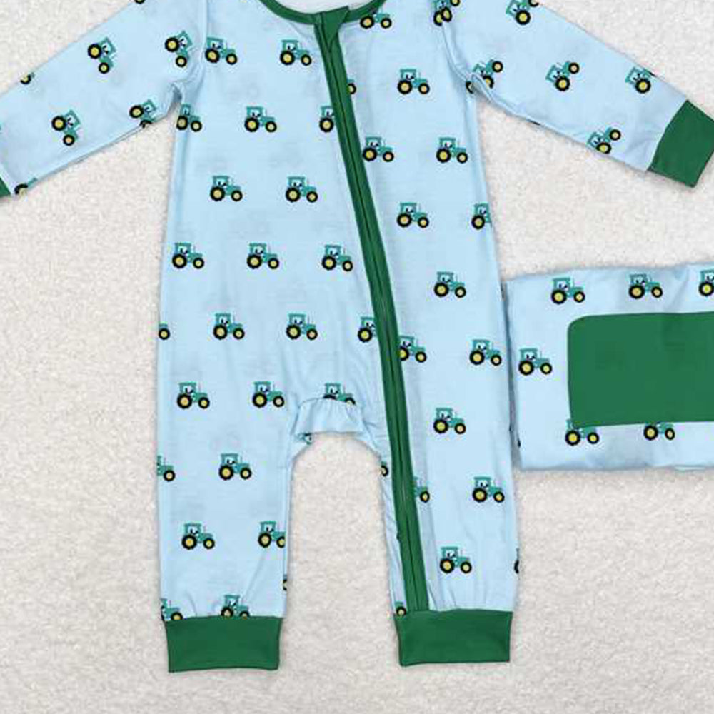 USA Shop (in stock)LR1253 RTS NO MOQ Baby Boy Winter Rompers Long sleeves green tractor boy bamboo zipper farm romper