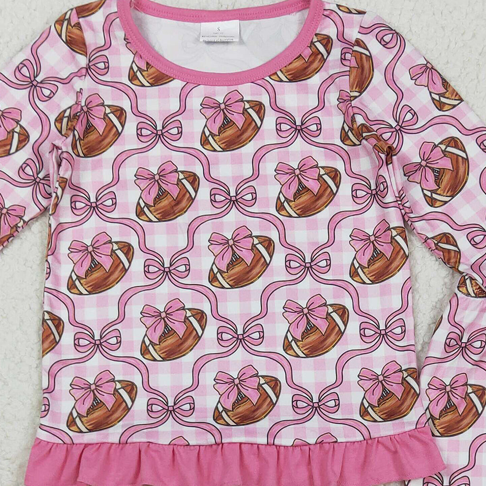 RTS NO MOQ (In stock)GLP2535 Baby Girls Winter Outfits Baby Girls Pink Bows Footballs Top Pant Team Pajamas Set