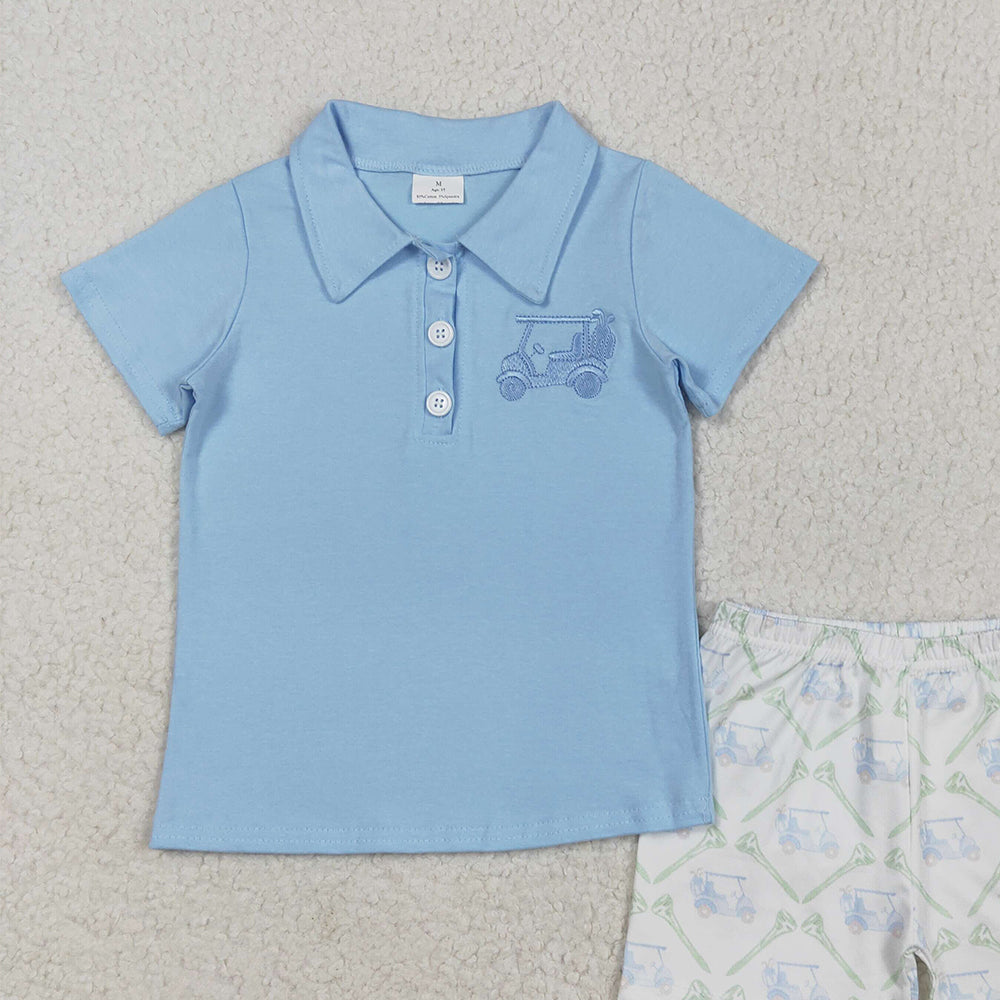 BSSO1494 RTS NO MOQ Baby Boys Summer Boys Outfits Embroidery Baby Boys Blue Short Sleeves Button Golf Top Pocket Short Set