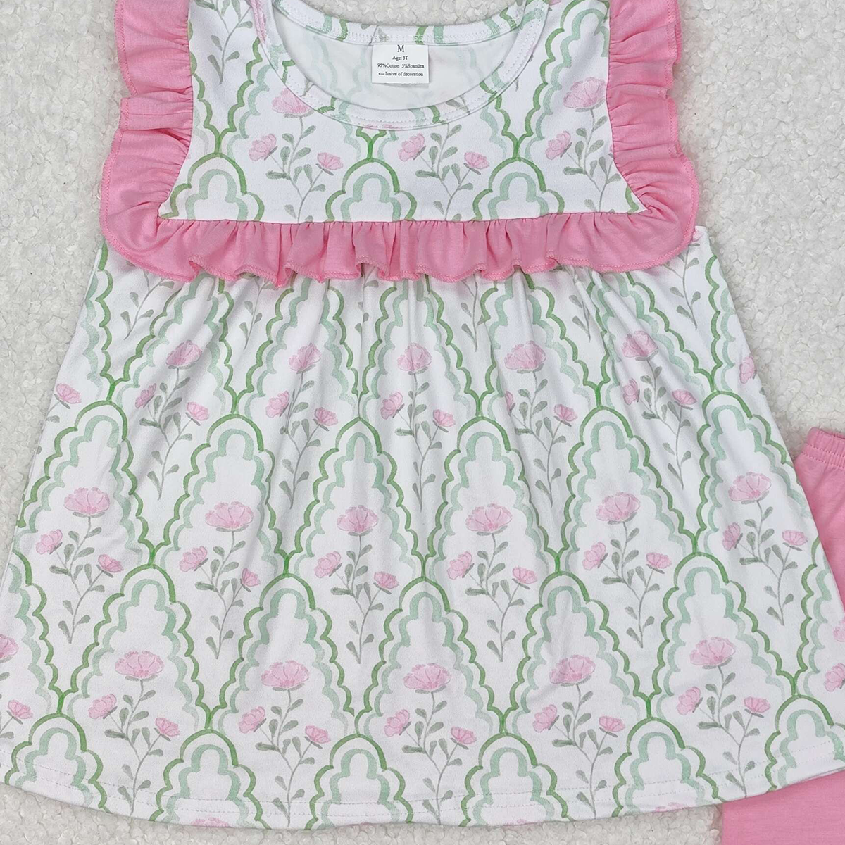 GSSO2013RTS NO MOQ Baby Girls Summer Outfits Girls Ruffle Green Pink Floral Tunic Short Set Summer Outfit Cute Floral Print Top And Shorts Combo for Little Girls