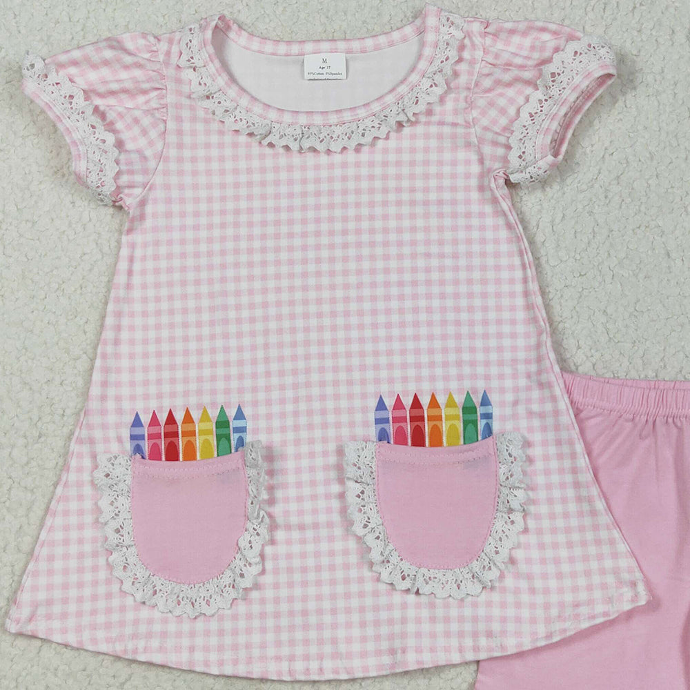 GSSO2388RTS NO MOQ Baby Girls Summer Outfits Girls Pink Plaid Crayon Top Short Set Back to School Outfit Ages 4-12 Years Old Children's Clothing Set