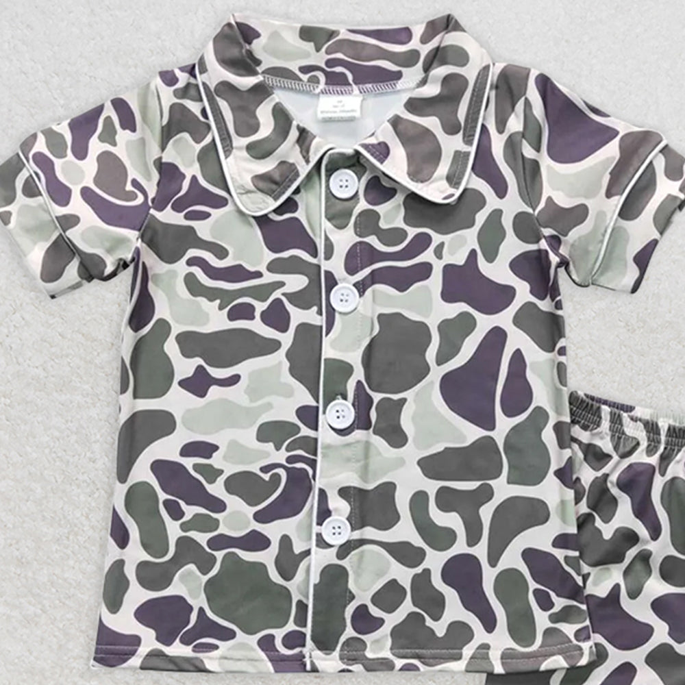 BSSO0332RTS NO MOQ Baby Boys Summer Pajamas Outfits Baby Boys Light Green Camo Buttons Shirt Shorts Summer Pajamas Clothes Sets