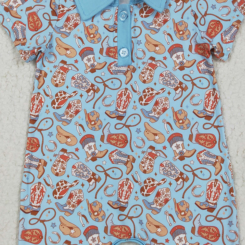8.18 SR3128 RTS NO MOQ Baby Boys Summer Rompers Baby Kids Blue Short Sleeves Boots Hats Button Rompers